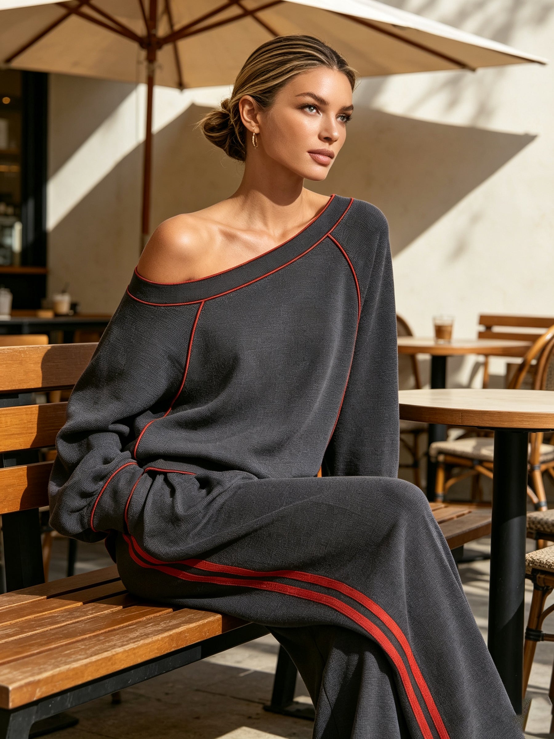 Women’s Off-Shoulder Contrast Stripe Two-Piece Set With Wide Leg Pants