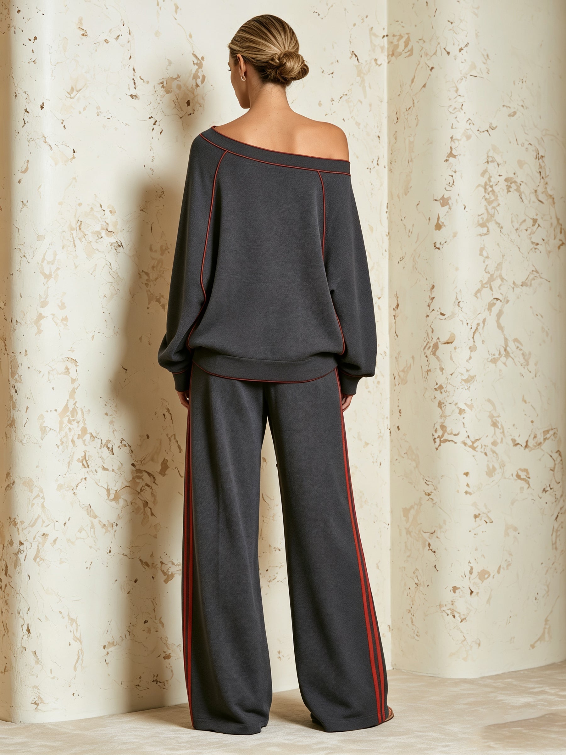 Women’s Off-Shoulder Contrast Stripe Two-Piece Set With Wide Leg Pants