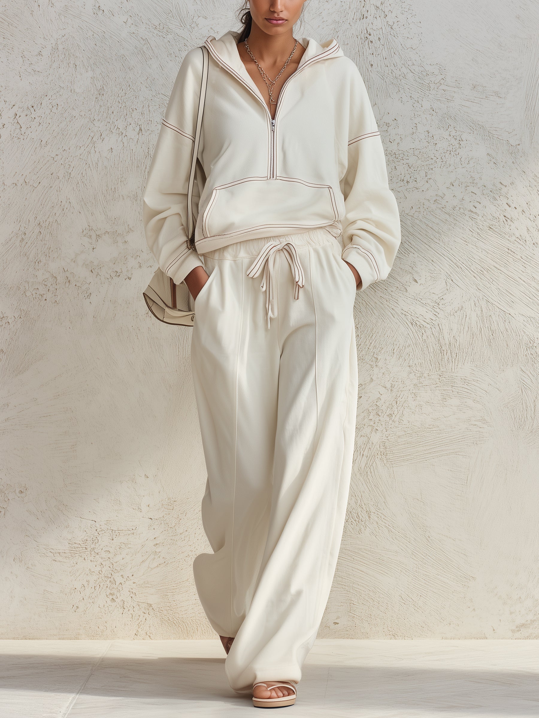 Contrast Stitch 2 Piece Loungewear Set Half Zip Hoodie & Wide Leg Sweatpants Quiet Luxury Fall Outfit