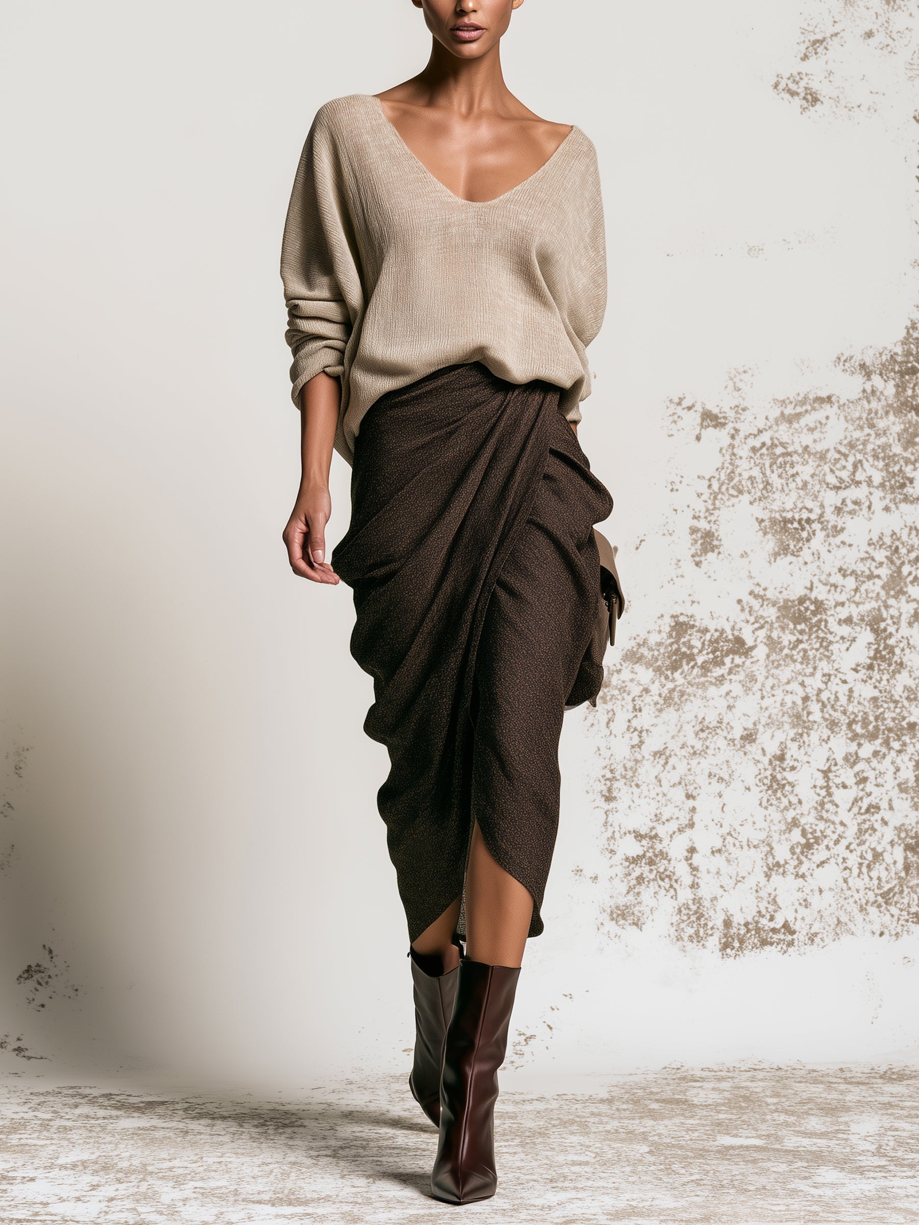 Women’s V-Neck Knit Sweater & Draped Midi Skirt Set