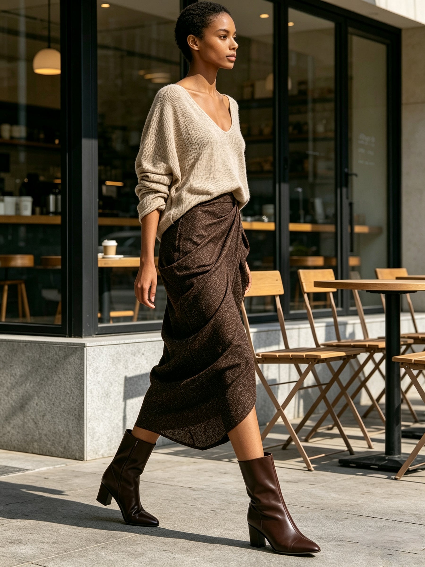 Women’s V-Neck Knit Sweater & Draped Midi Skirt Set