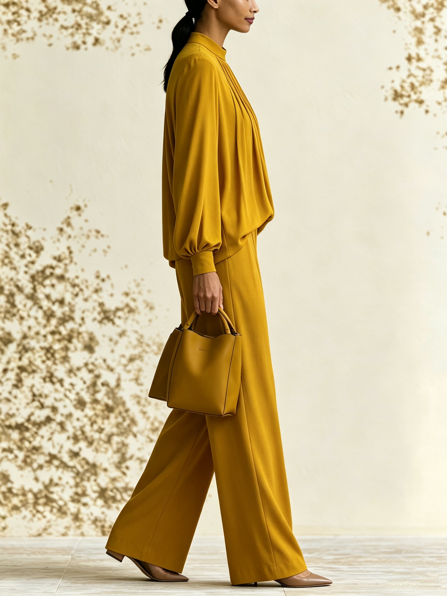 Elegant Women's Two-Piece Set – Pleated High-Neck Top And Wide-Leg Trousers