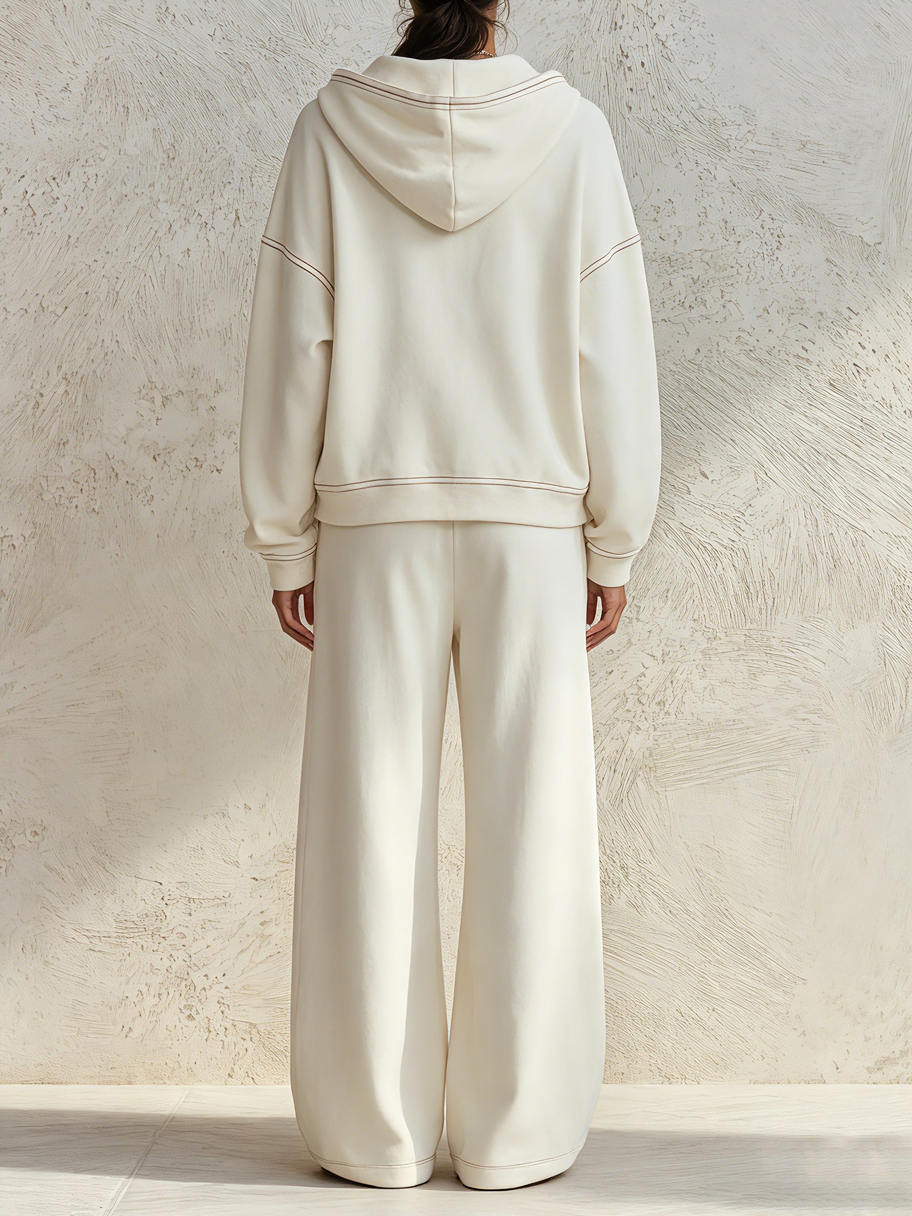 Contrast Stitch 2 Piece Loungewear Set Half Zip Hoodie & Wide Leg Sweatpants Quiet Luxury Fall Outfit