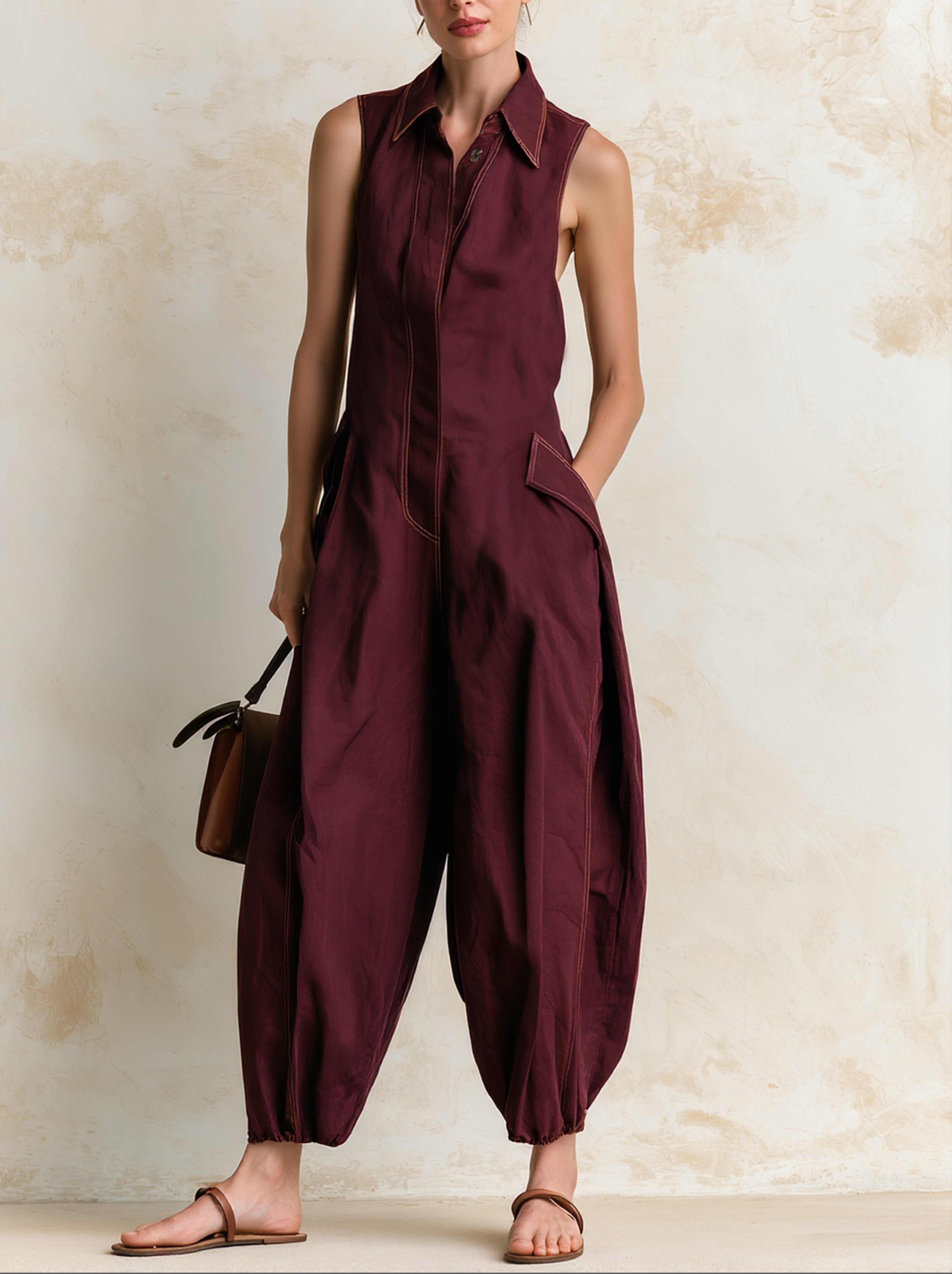 Burgundy Contrast Stitch Sleeveless Utility Jumpsuit