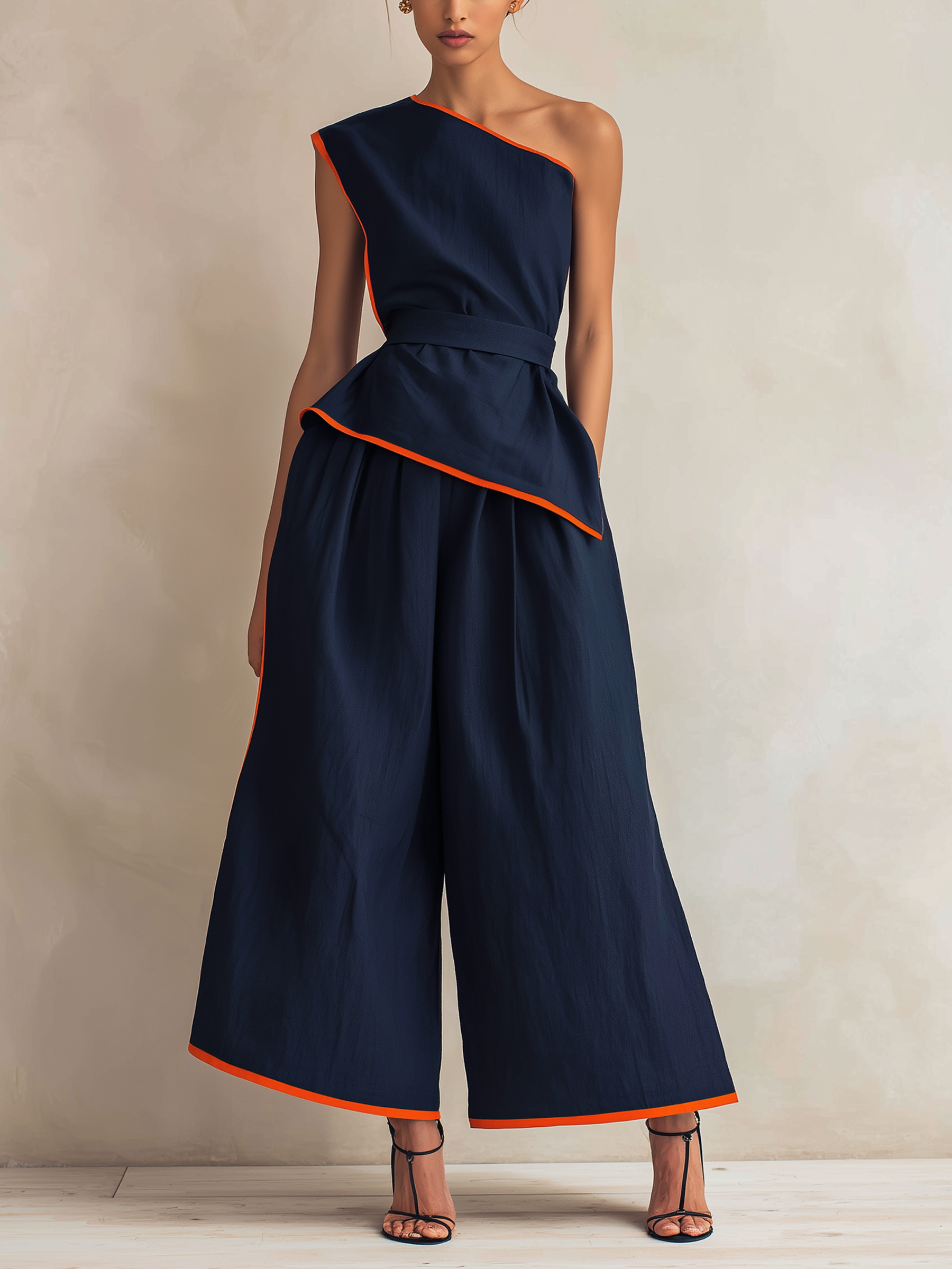 Asymmetric One-Shoulder Contrast Orange Piping Belted Wide Leg Two-Piece Set
