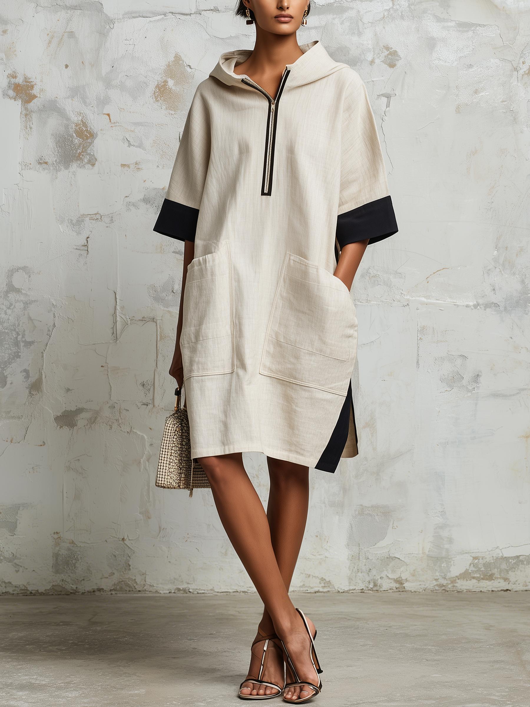 Hooded Half-Zip Color Block Linen Blend Midi Shift Dress With Cargo Pockets