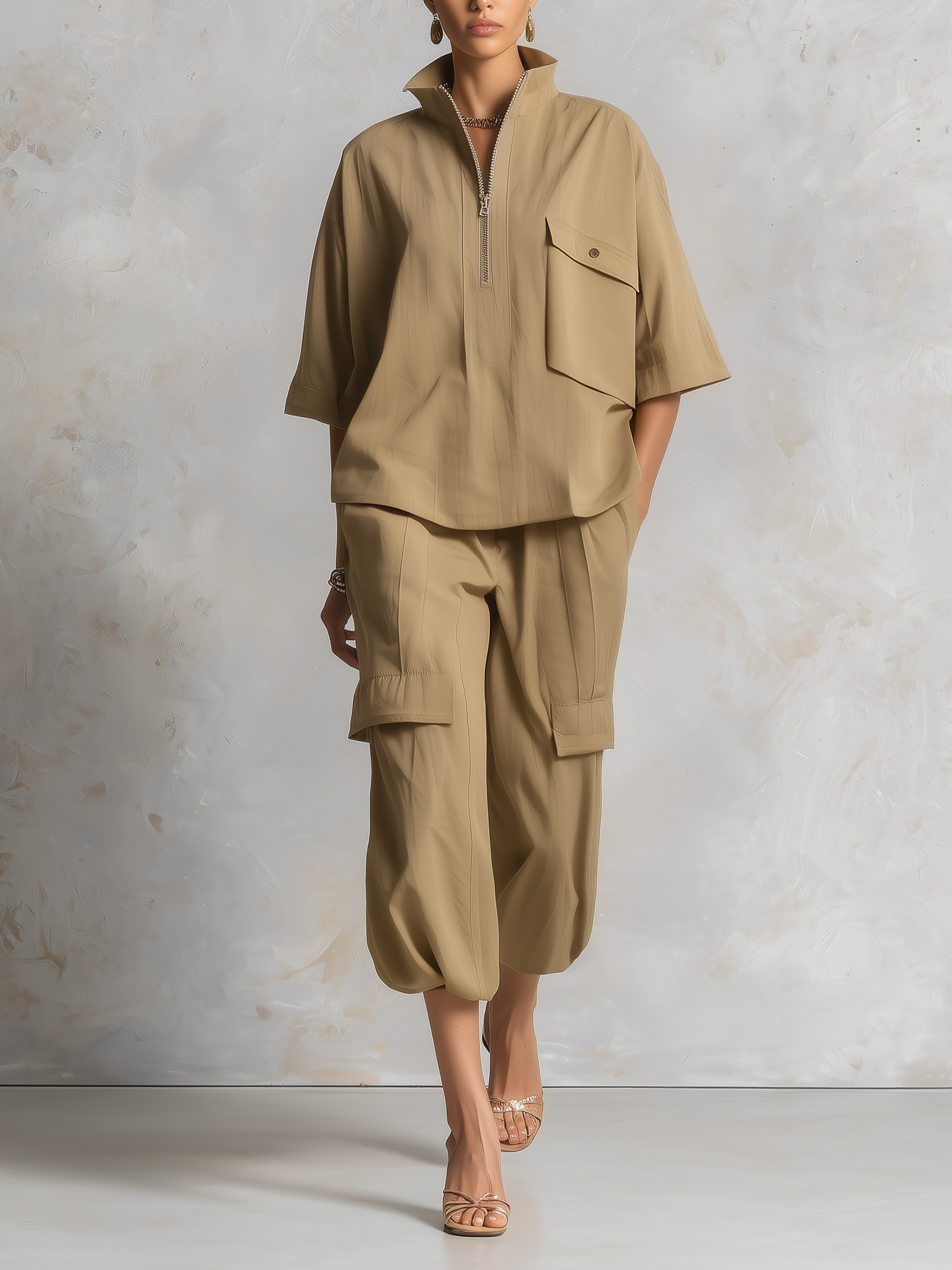 Khaki Half Zip Stand Collar Cargo Two-Piece Set