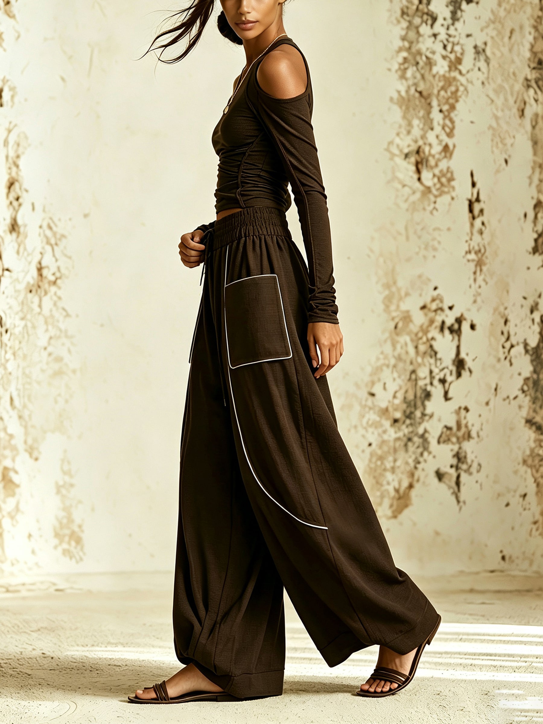 Women's Avant-Garde Black Two-Piece Set – Cold Shoulder Long Sleeve Top & Wide Leg Draped Pants
