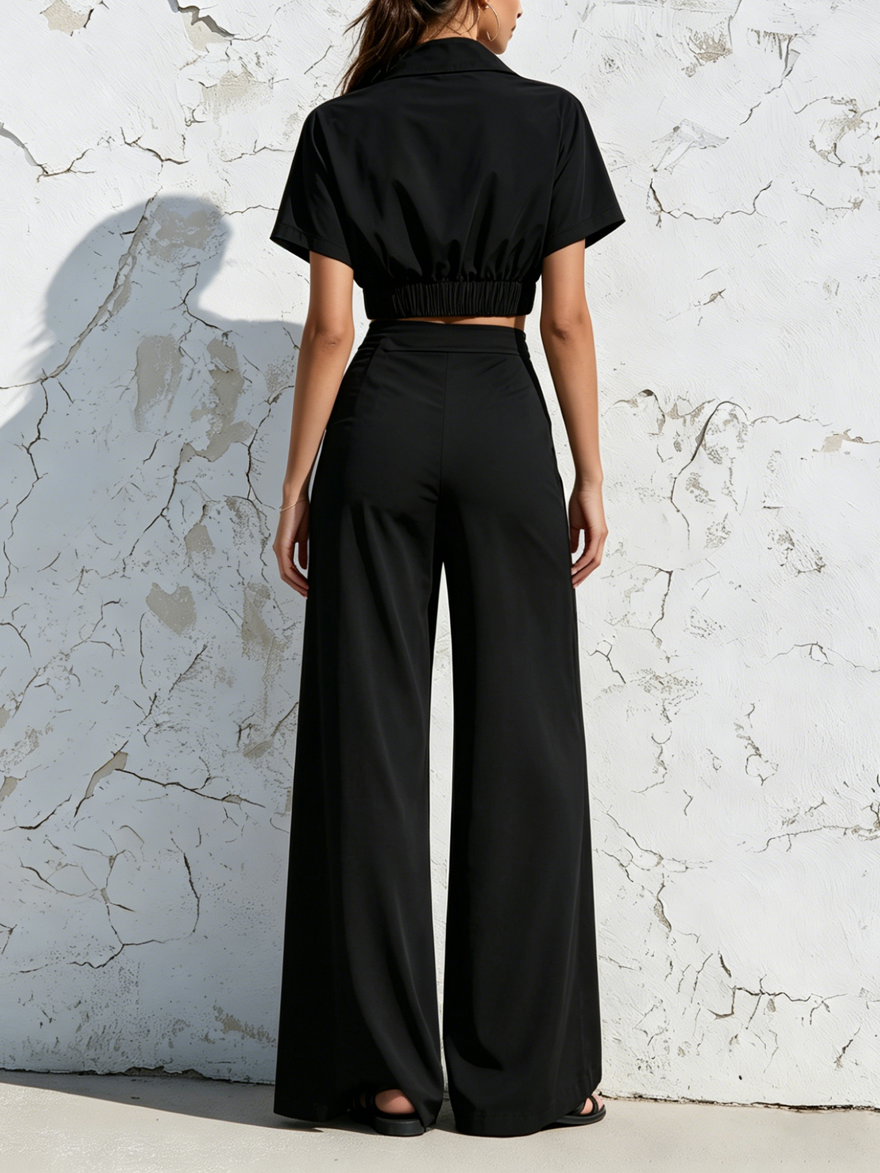 Black Short Sleeve Collared Crop Shirt & Double Side Button High Slit Wide Leg Pants Two Piece Set