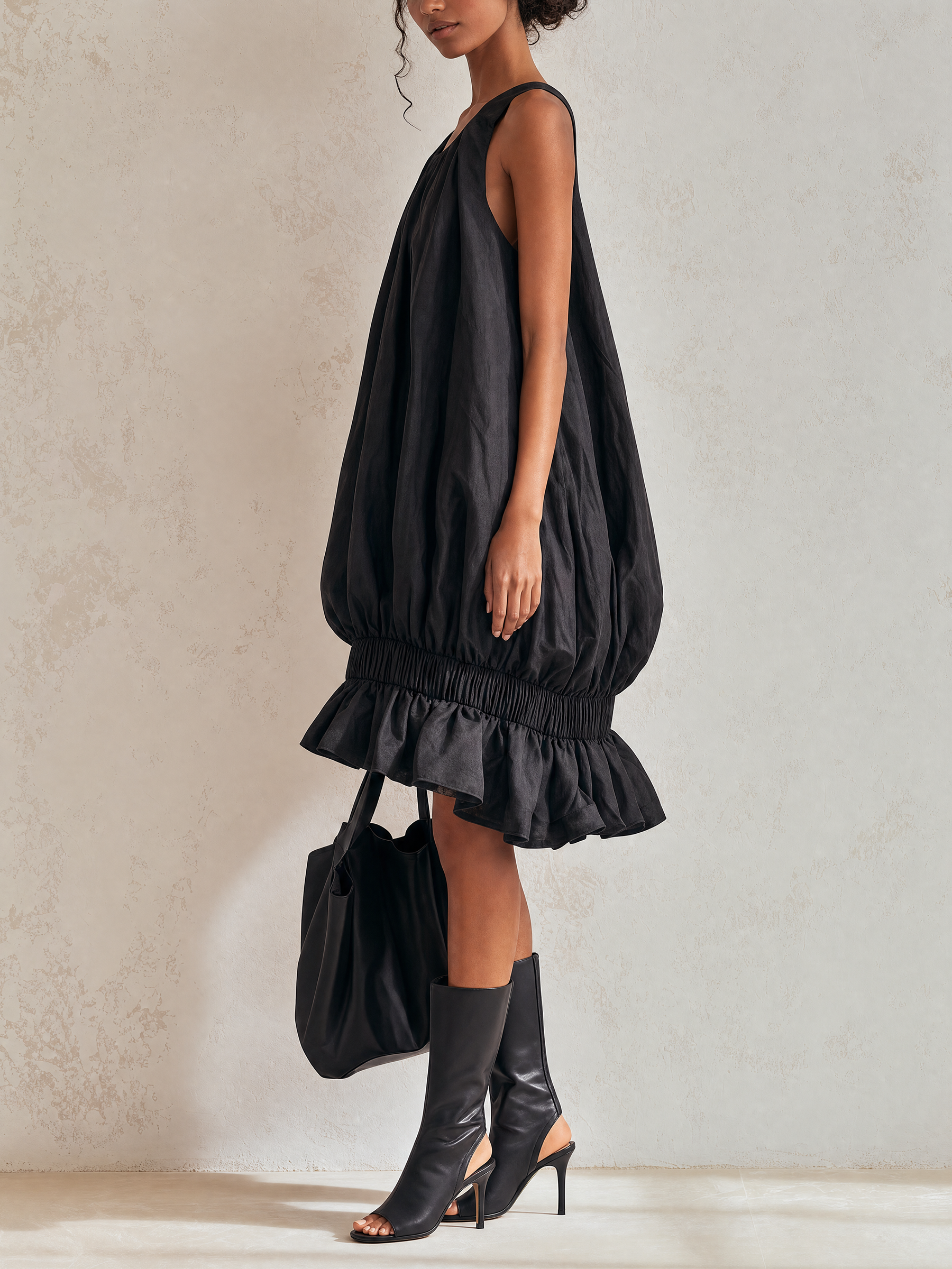 Black Sleeveless Bubble Midi Dress Gathered Elastic Waist Ruffle Hem Loose Tent Dress