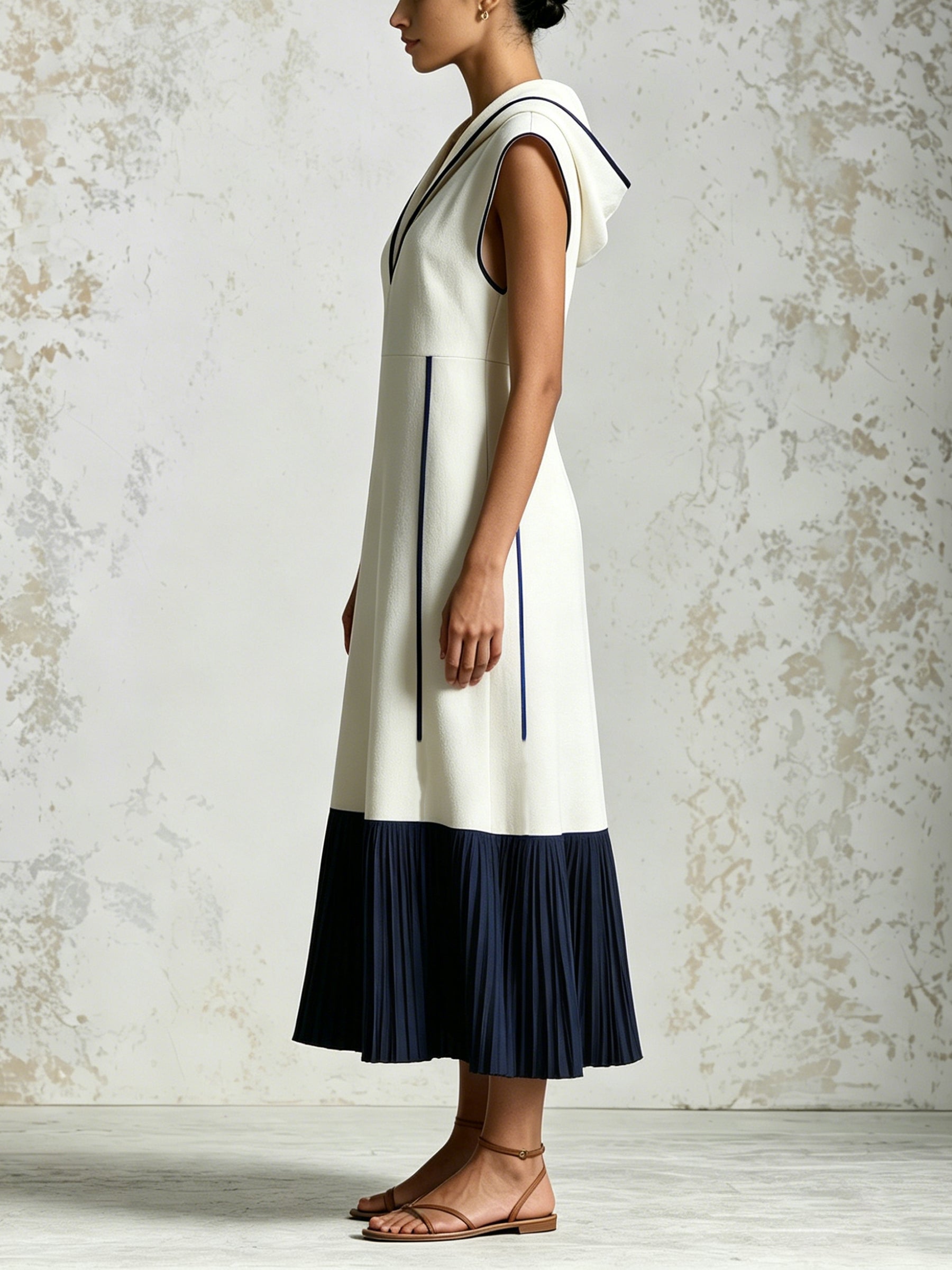 Women's Long Dress With Contrasting Trim – Elegant Sleeveless Two-Tone Pleated Maxi Dress With Hooded Collar