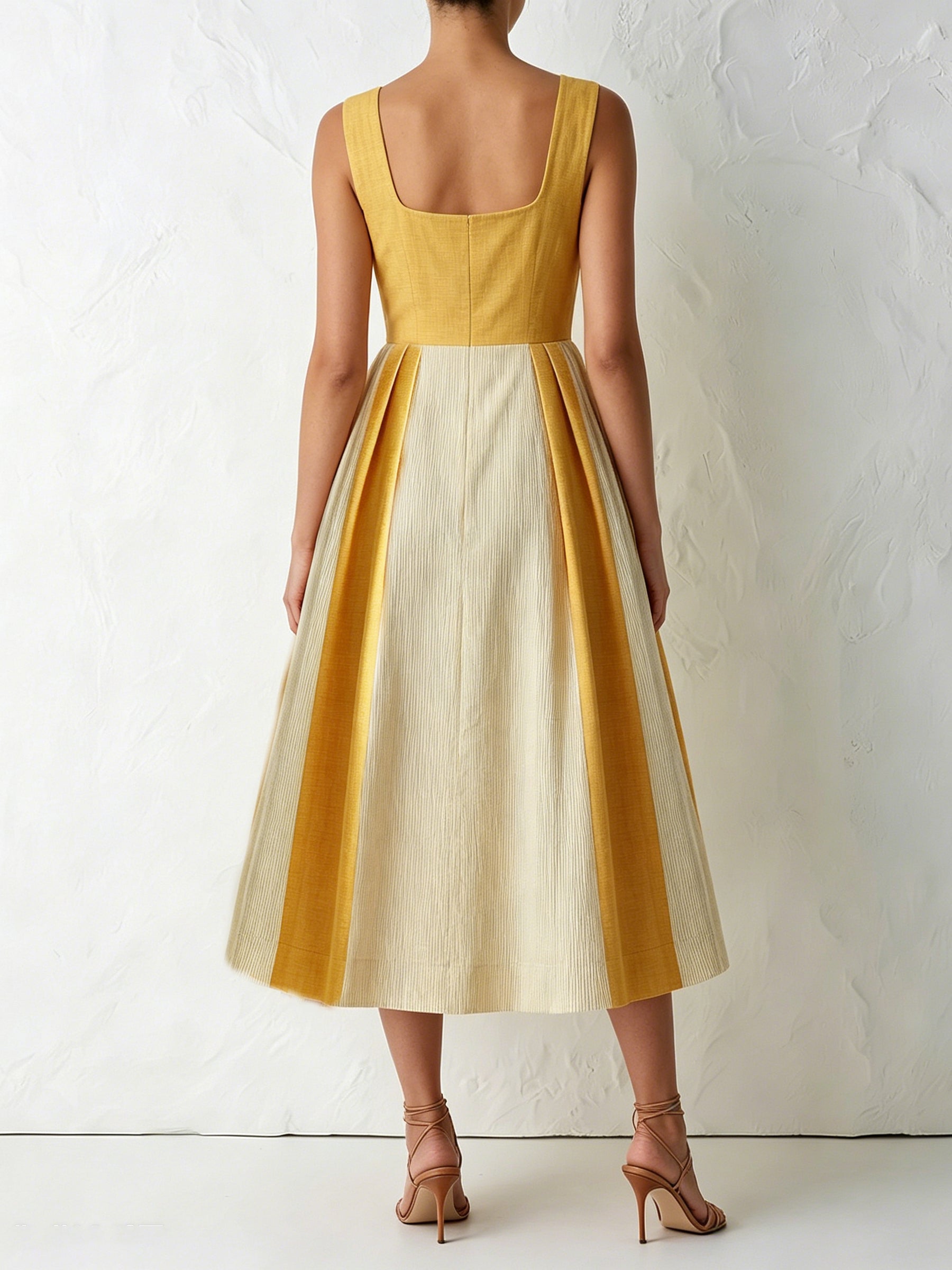 Mustard Yellow Pleated Midi Dress – Sleeveless Square Neck A-Line Elegant Summer Dress With Contrast Panel Skirt