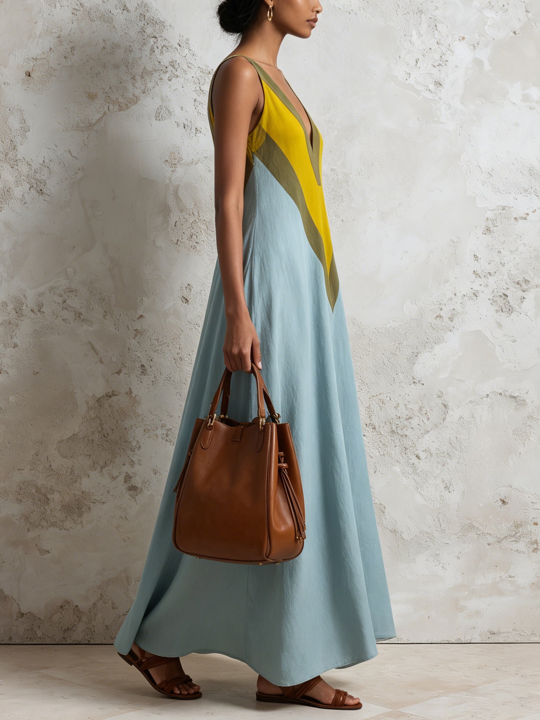 Color Block Deep V Maxi Dress For Women – Sleeveless Flowy Summer Dres