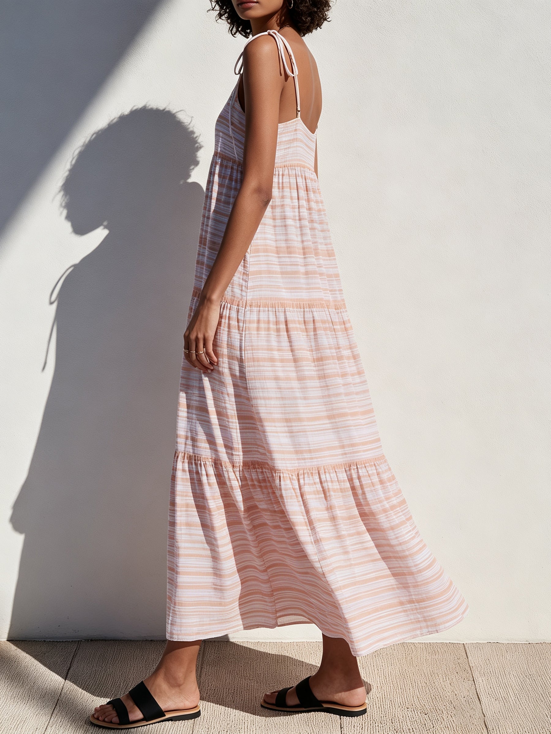 Luna Stripe Maxi Dress – Soft Pink Striped Tie Shoulder Tiered Summer Dress
