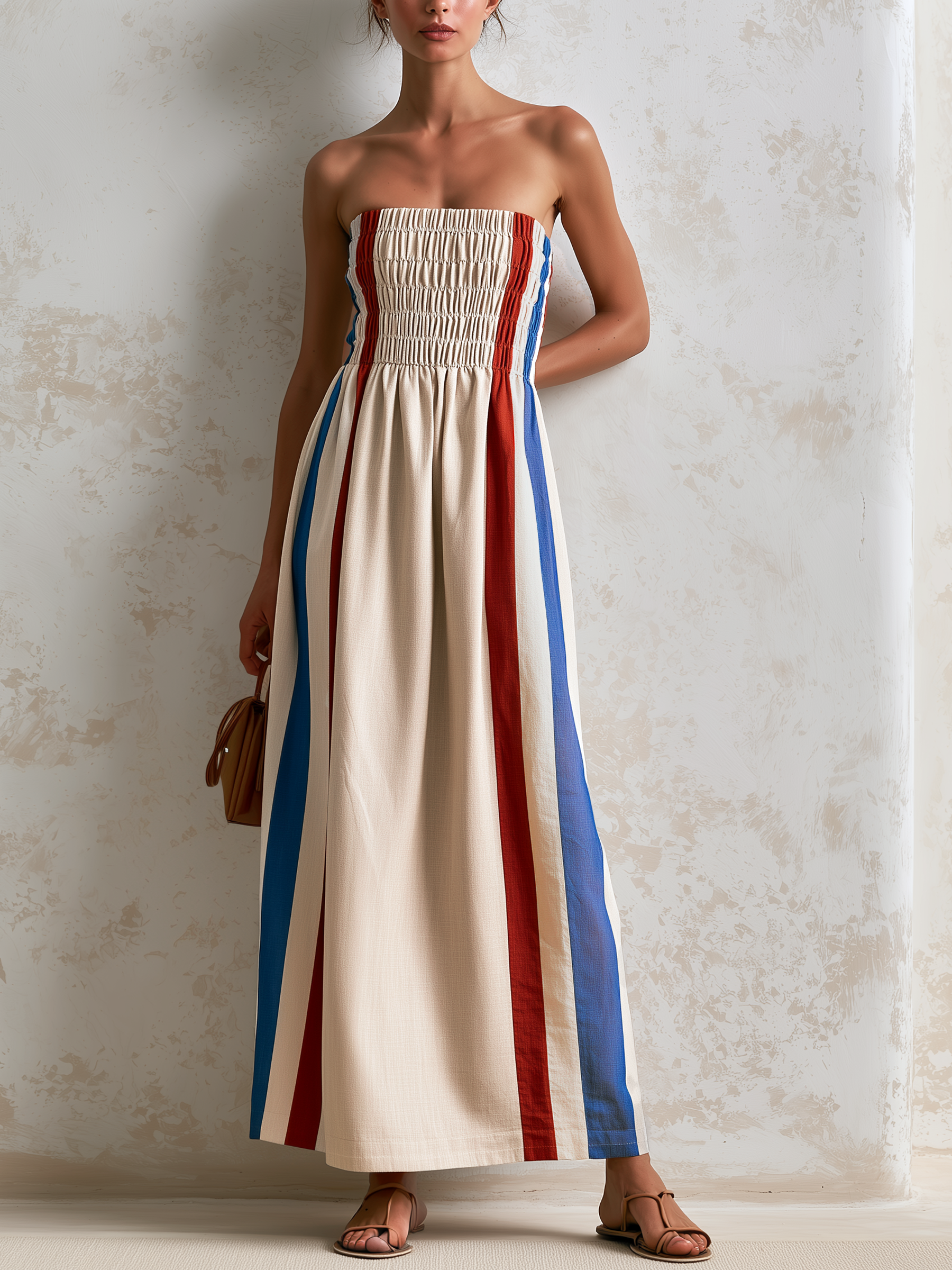 Color Block Vertical Stripe Strapless Maxi Dress