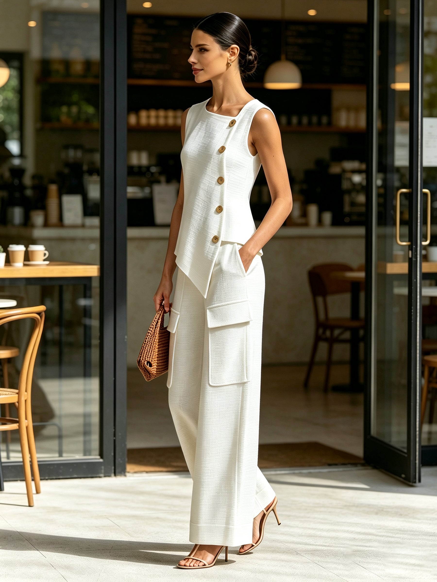 Women's Minimalist White Linen-Blend Two-Piece Set – Sleeveless Button-Front Top And Wide-Leg Trousers
