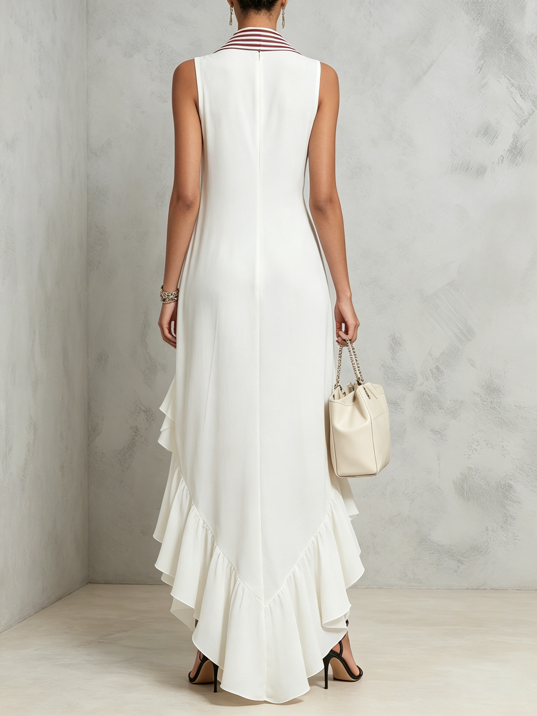 Striped Collar V-Neck Ruffled Asymmetrical Maxi Dress