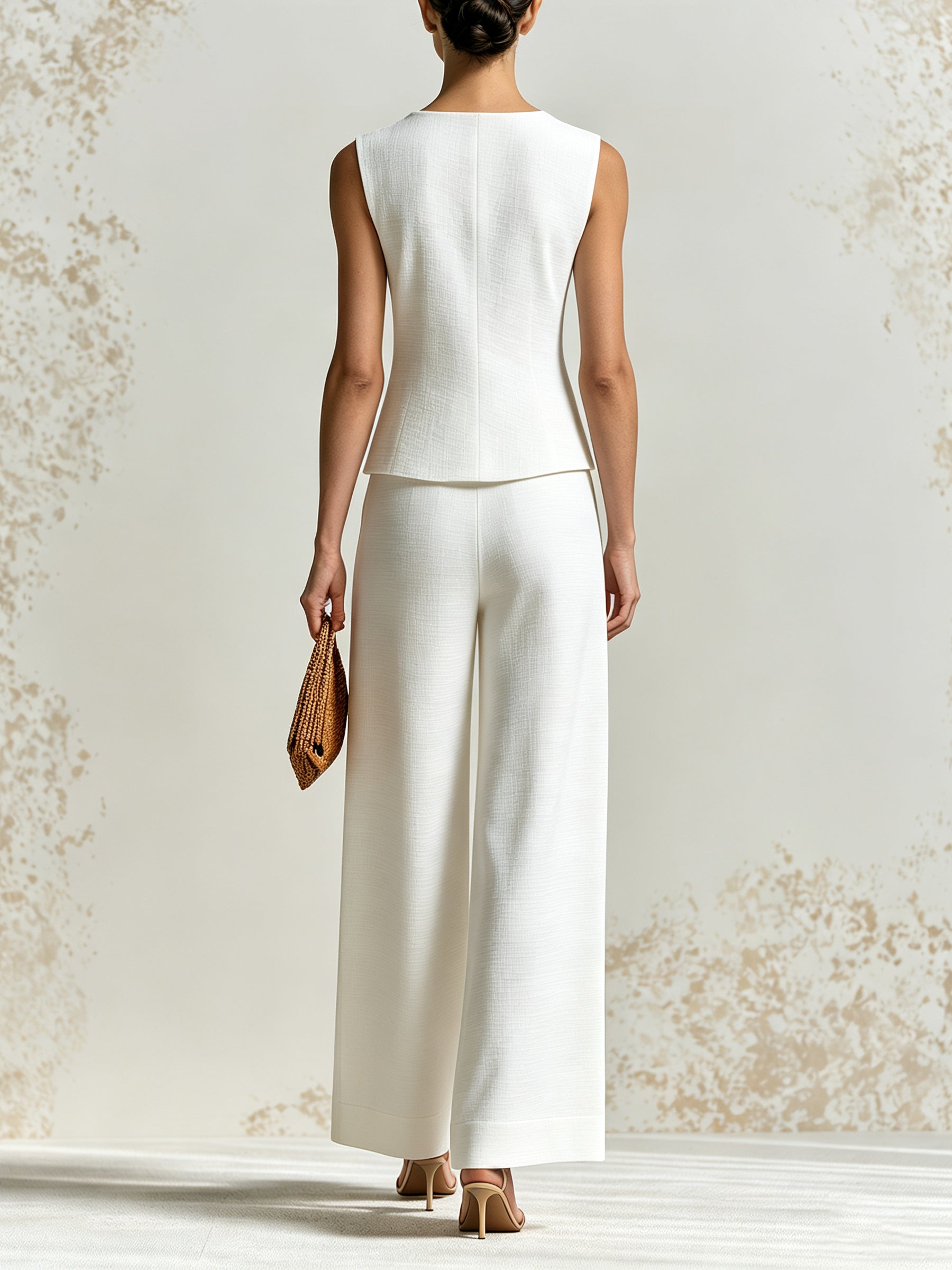 Women's Minimalist White Linen-Blend Two-Piece Set – Sleeveless Button-Front Top And Wide-Leg Trousers